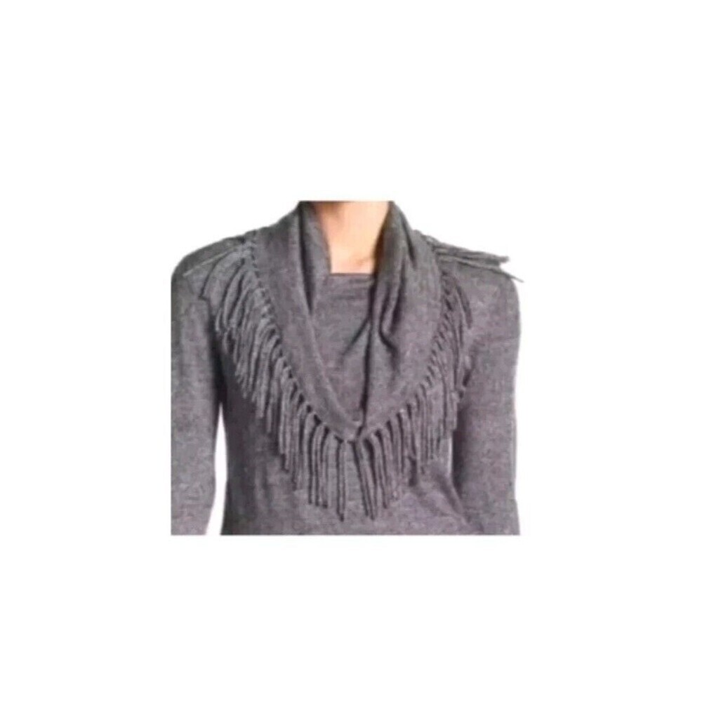Chelsea and Theodore Top Sweater XL Gray Charcoal Fringed Cowl Neck Wool Blend. - Picture 7 of 12